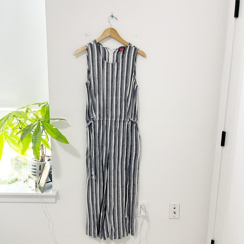 Vince Camuto Blue & White Stripe Linen Blend Jumpsuit Size Medium